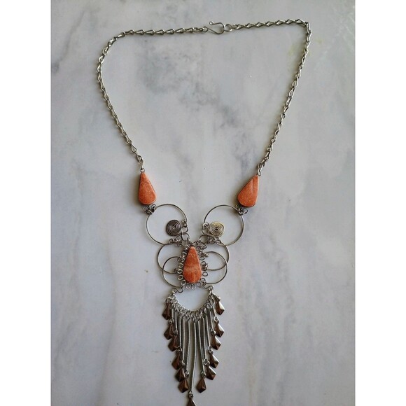 Vintage Hand-Made Peruvian Wire-Work Necklace, Orange Jasper - Picture 1 of 8